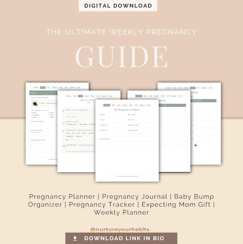Trimester-by-trimester pregnancy guide page from the Mom to Emotion planner
